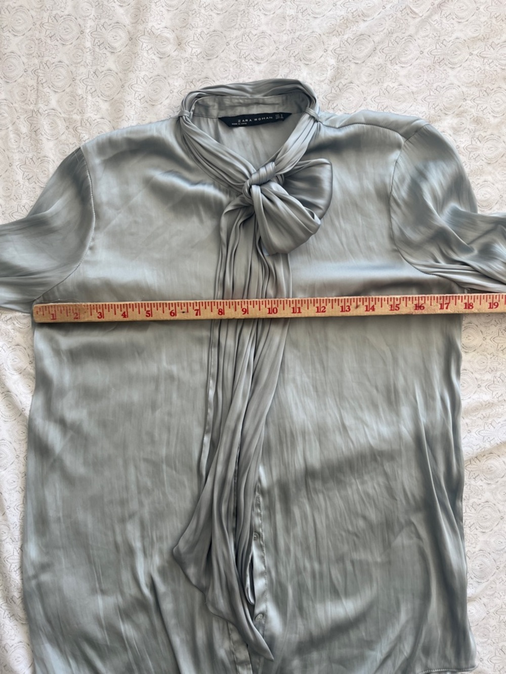 Zara - Dusty Blue Satin Bow-Neck Blouse - Picture 6 of 9